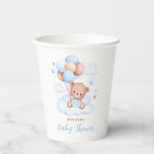 Watercolor Blue Balloons Teddy Bear Baby Shower Paper Cups