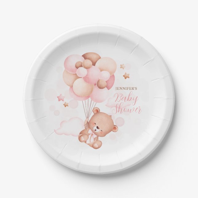Watercolor Blue Balloons Teddy Bear Baby Shower Paper Plate (Front)