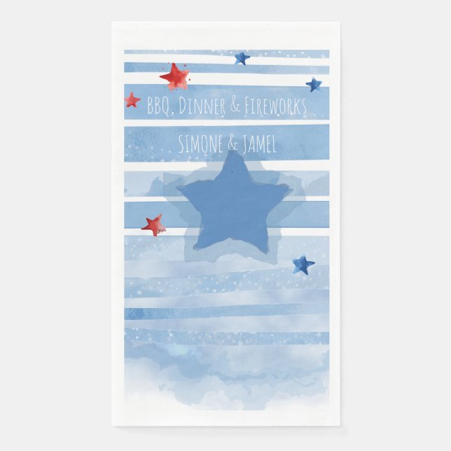 Watercolor Blue Bars with Splash and Stars Napkin (Front)