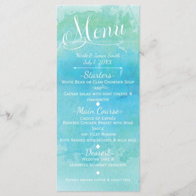 Watercolor Blue Beach Elegant Wedding Menu Card (Front)