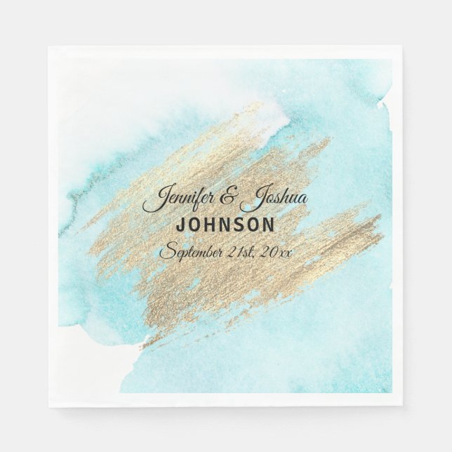 Watercolor Blue Beach Water Turquoise Gold Wedding Napkin (Front)