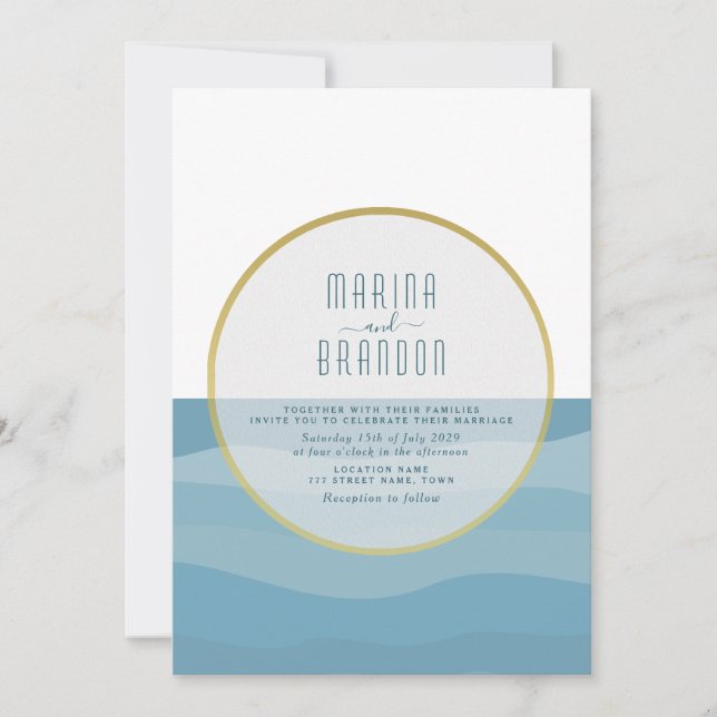 Watercolor Blue Beach Wedding Invitation (Front)