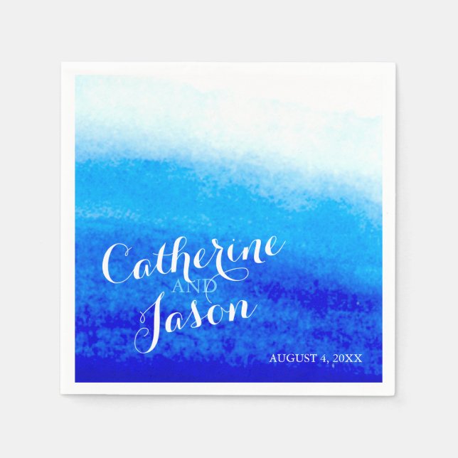 Watercolor Blue Beach Wedding Personalised Napkin (Front)