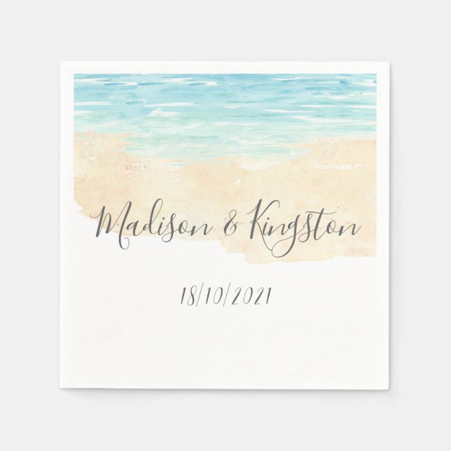 Watercolor Blue Beach Wedding Reception Party Napkin (Front)