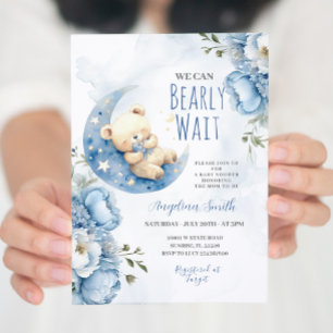 Watercolor Blue Bear Bearly Wait Baby Shower Invitation