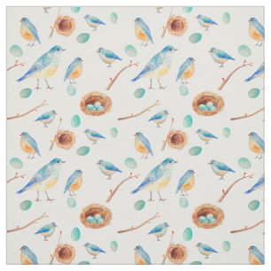 Watercolor Blue birds Chicks Nest Fabric