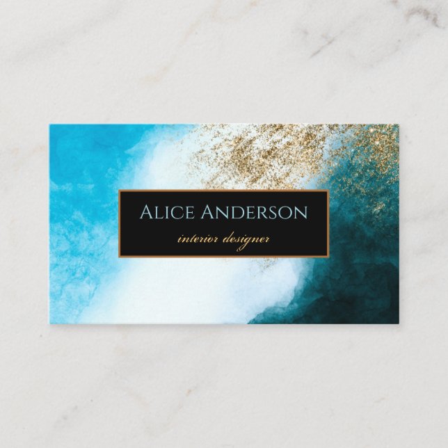 Watercolor blue black gold glitter designer  business card (Front)