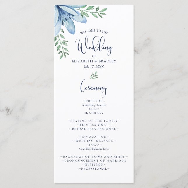 Watercolor Blue Blooms & Greenery Wedding Program Menu (Front)