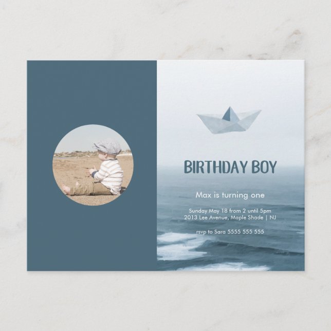 Watercolor Blue Boat Boy Birthday Party Invitation Postcard (Front)