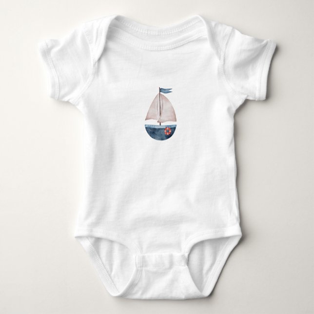 Watercolor Blue Boat T-Shirt Baby Bodysuit (Front)