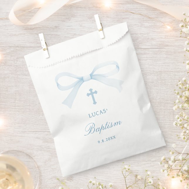 Watercolor Blue Bow Baptism Favour Bags (Clipped)