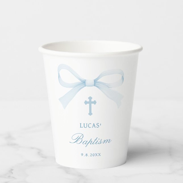 Watercolor Blue Bow Baptism Paper Cups (Front)