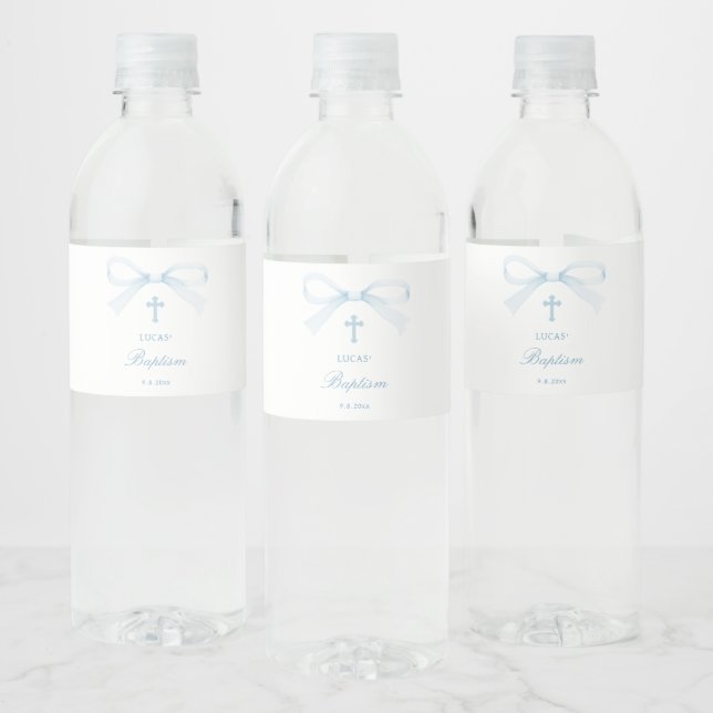 Watercolor Blue Bow Baptism Water Bottle Label (Bottles)
