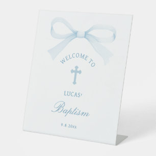 Watercolor Blue Bow Baptism Welcome Pedestal Sign