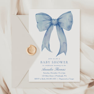 Watercolor Blue Bow Boy Baby Shower Invitation