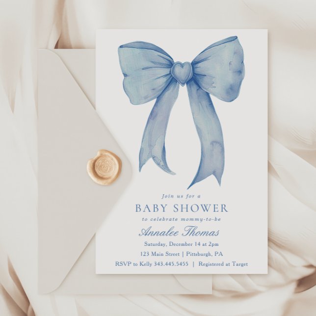 Watercolor Blue Bow Boy Baby Shower Invitation (Creator Uploaded)