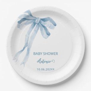 Watercolor Blue Bow Boy baby shower Paper Plate