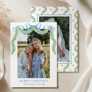 Watercolor Blue Bow Fruit Garland Christmas Photo Holiday Card