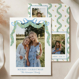 Watercolor Blue Bow Fruit Garland Christmas Photo Holiday Card