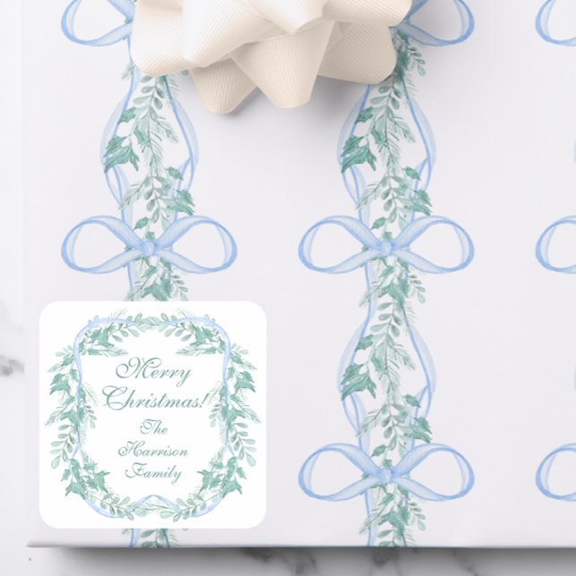 Watercolor Blue Bow Garland Christmas Gift Square Sticker (Creator Uploaded)