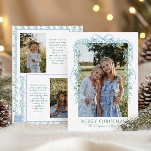 Watercolor Blue Bow Garland Christmas Photo Holiday Card