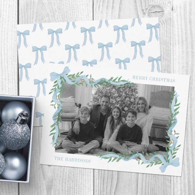 Watercolor Blue Bow Garland Photo Holiday Card (Creator Uploaded)
