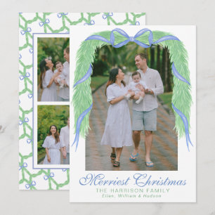 Watercolor Blue Bow Garland Swag Photo Holiday Card