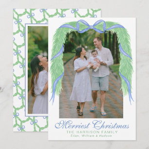 Watercolor Blue Bow Garland Swag Photo Holiday Card