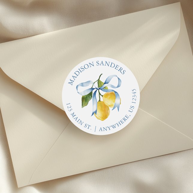 Watercolor Blue Bow Lemons Address Classic Round Sticker (Creator Uploaded)