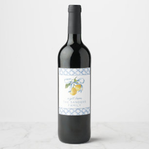 Watercolor Blue Bow Lemons Gift Enclosure Wine Label