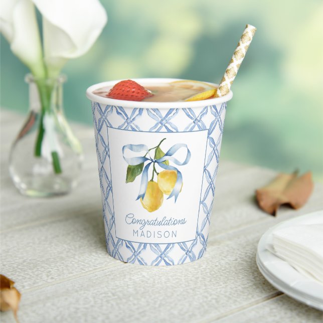Watercolor Blue Bow Lemons Personalised Paper Cups (Insitu)