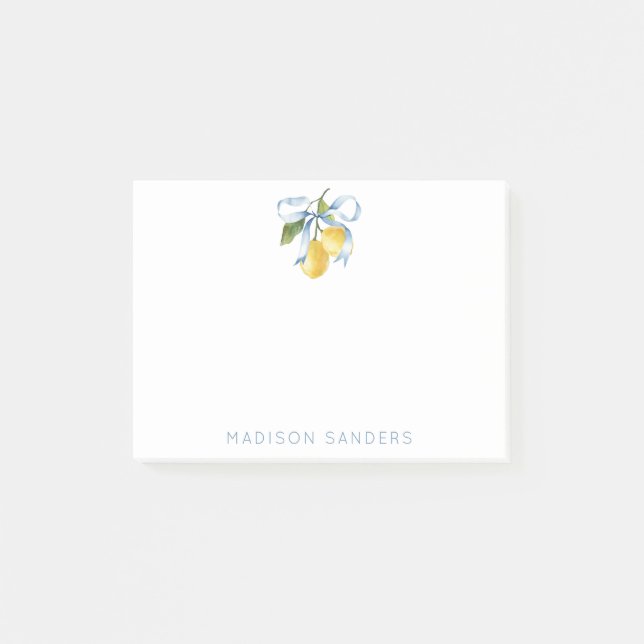 Watercolor Blue Bow Lemons Personalised Post-it Notes (Front)