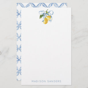 Watercolor Blue Bow Lemons Personalised Stationery