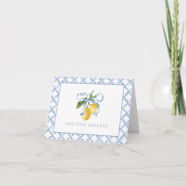 Watercolor Blue Bow Lemons Personalised Thank You Card (Front)