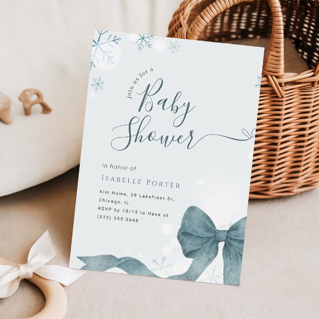 Watercolor Blue Bow Snowflake Baby Shower Invitation (Creator Uploaded)