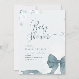 Watercolor Blue Bow Snowflake Baby Shower Invitation