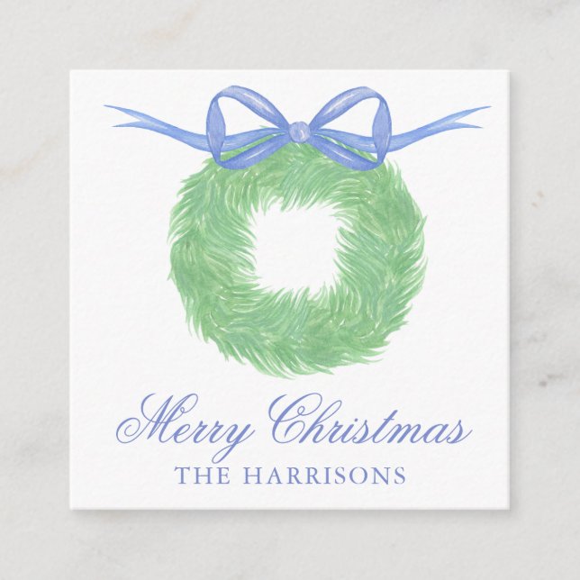Watercolor Blue Bow Wreath Gift Enclosure Card (Front)