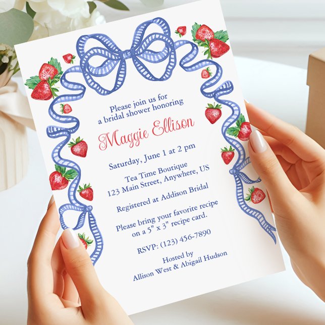 Watercolor Blue Bows & Red Strawberries Party Invitation (Creator Uploaded)