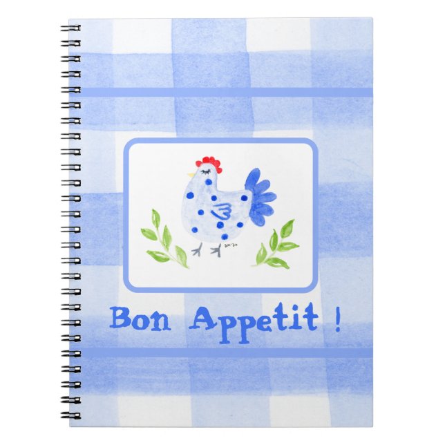 Watercolor Blue Br Hen Check Bon Appetit  Notebook (Front)