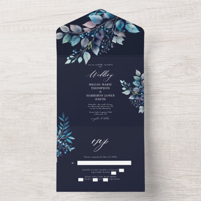 Watercolor Blue Branches & Berries Wedding Navy All In One Invitation (Inside)