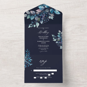 Watercolor Blue Branches & Berries Wedding Navy All In One Invitation