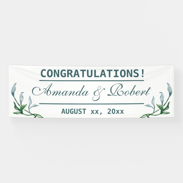 Watercolor Blue Breeze Floral Leaves Wedding Banner (Horizontal)