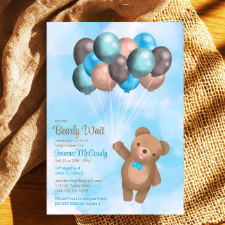 Watercolor Blue Brown Balloons Bear Baby Shower  Invitation