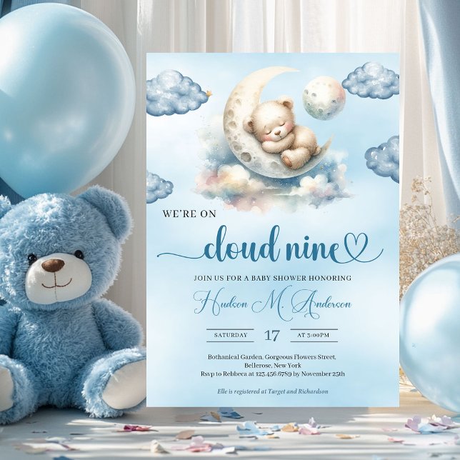 Watercolor blue brown teddy bear cloud nine invite (cloud nine cute sleeping teddy bear boy baby shower invitation)