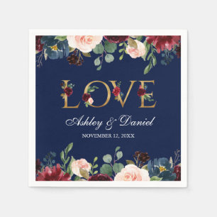 Watercolor Blue Burgundy Floral Gold Love Wedding Napkin
