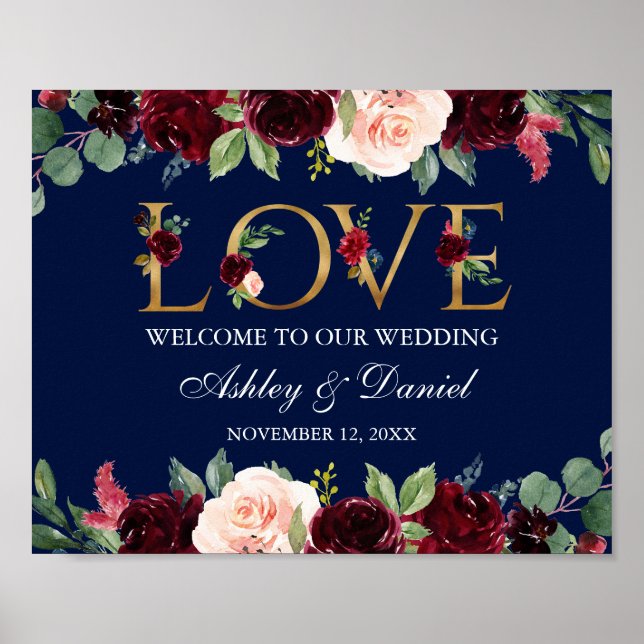 Watercolor Blue Burgundy Floral Love Wedding Gold Poster (Front)