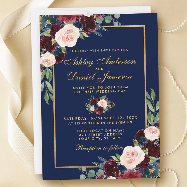 Watercolor Blue Burgundy Floral Wedding Gold Invitation (Customize to change text style, add text & photos to back or change color of back of card.)