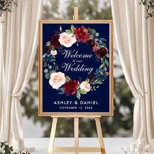 Watercolor Blue Burgundy Floral Wedding Welcome Poster