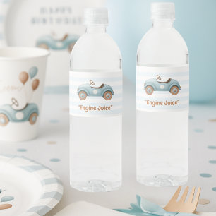 Watercolor Blue Car "Engine Juice" Kids Birthday Water Bottle Label