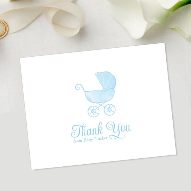 Watercolor Blue Carriage Boy Baby Shower Thank You (Creator Uploaded)